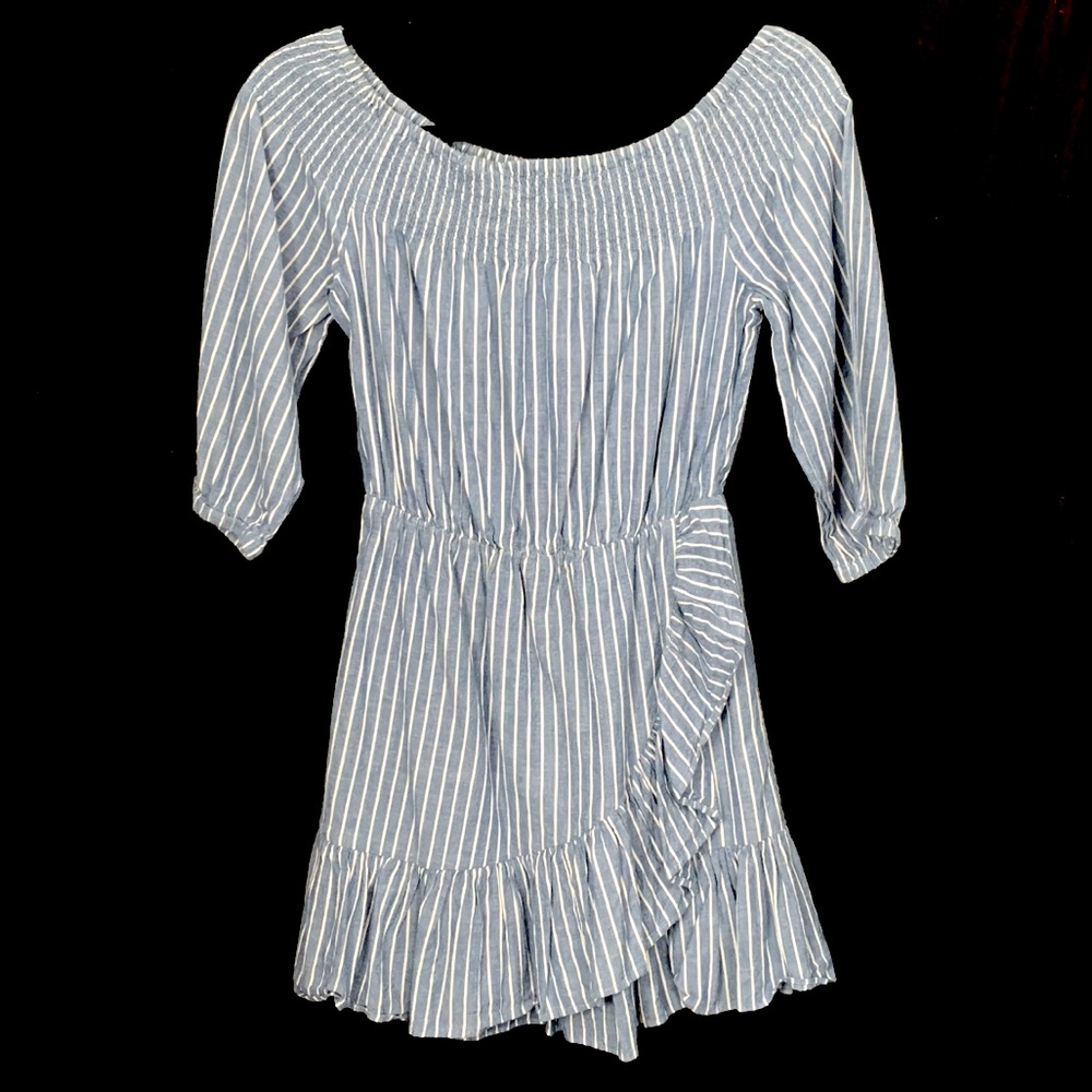Tularosa Maida 100% Cotton Striped Ruffled Faux Wrap Off-The-Shoulder Mini Dress